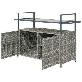 2-Tier Shelf PE Rattan Outdoor Bar Table, Glass Top Outdoor Serving Cart with Cabinet, Mixed Gray