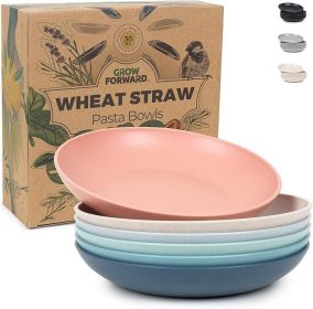 Grow Forward Premium Wheat Straw Pasta Bowls - 30oz Unbreakable Wide & Shallow Dinner Plate Bowls Set of 6 - Microwave Safe Reusable Plastic Past